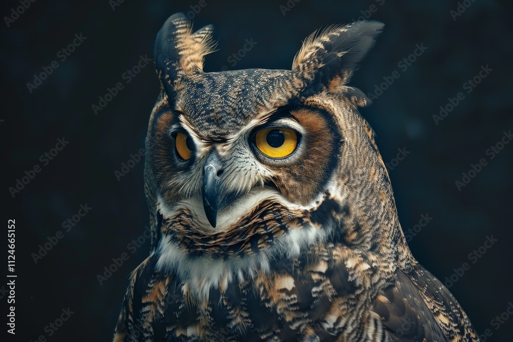 A majestic owl with striking yellow eyes rests quietly, its detailed feathers the focus against a dark backdrop. The bird seems alert and regal, embodying the grace of nocturnal wildlife. A majestic owl with striking yellow eyes rests quietly, its detailed feathers the focus against a dark backdrop. The bird seems alert and regal, embodying the grace of nocturnal wildlife.