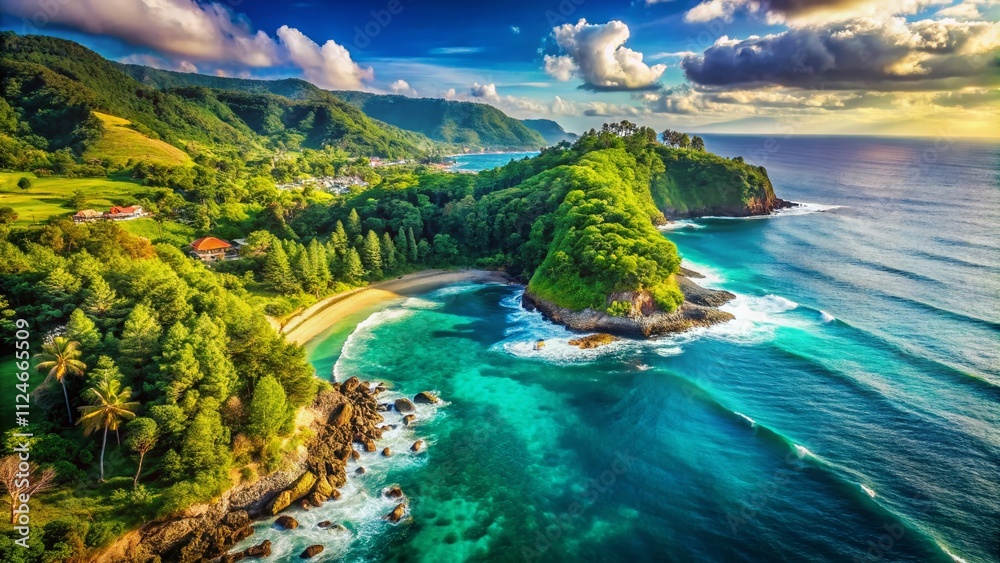 Aerial View of Coastal Landscape with Lush Greenery Meeting Ocean Under Bright Blue Sky in Vintage Style Photography