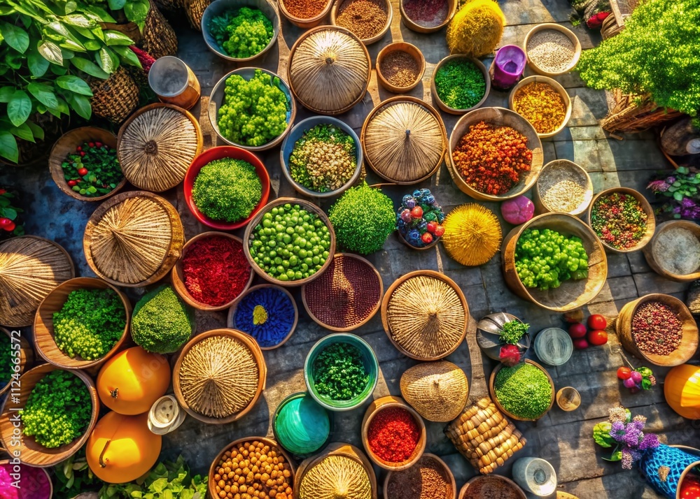 Aerial View of Colorful Baskets Stacked in an Open Market Surrounded by Lush Greenery Captured by Drone Photography for Unique Perspective on Local Culture Aerial View of Colorful Baskets Stacked in an Open Market Surrounded by Lush Greenery Captured by Drone Photography for Unique Perspective on Local Culture