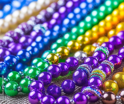 Colorful bead necklaces in vibrant rainbow arrangement for festive occasions photo