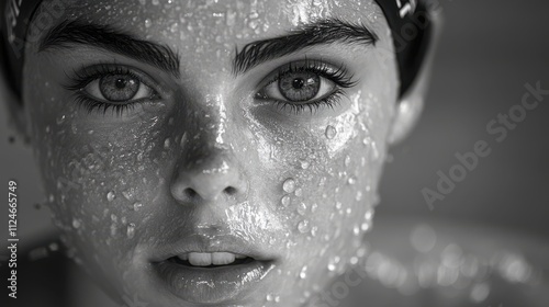 Close-up portrait of a young woman with water droplets on her face. photo