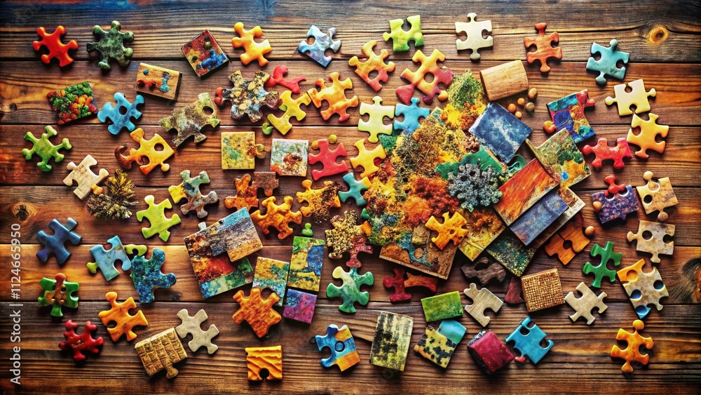 Fototapeta premium Aerial View of Colorful Jigsaw Puzzle Pieces Laid Out on a Table, Capturing the Intricate Patterns and Shapes of Each Piece in a Vivid and Engaging Composition