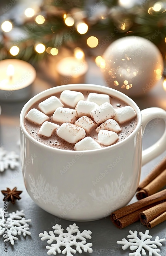 A cup of hot chocolate with marshmallows, surrounded by cinnamon sticks and Christmas decorations on a gray background A cup of hot chocolate with marshmallows, surrounded by cinnamon sticks and Christmas decorations on a gray background