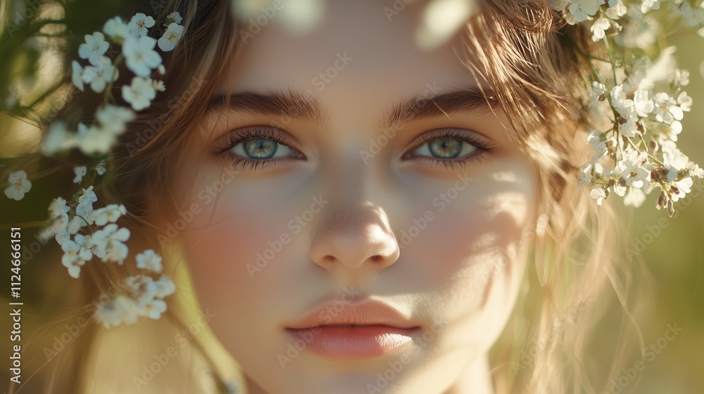 Young woman with natural beauty surrounded by flowers in a serene outdoor setting during golden hour