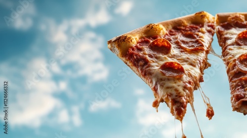 Two mouthwatering slices of pepperoni pizza held aloft against a vibrant blue sky, representing a flight of flavors and outdoor enjoyment. photo