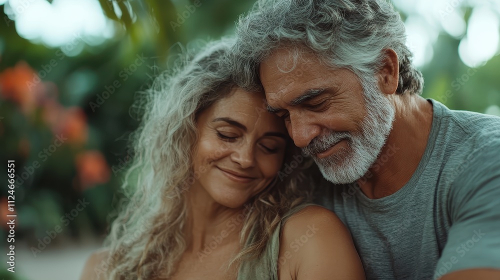 A couple is happily embraced against a lush, green backdrop; they exude warmth and happiness, symbolizing love, companionship, and tranquility in nature. A couple is happily embraced against a lush, green backdrop; they exude warmth and happiness, symbolizing love, companionship, and tranquility in nature.