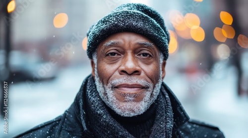 An elderly man with a warm, gentle smile, dressed in winter attire, stands in a snowy urban setting, radiating serenity and peacefulness amidst the cold.