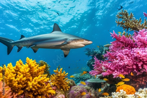 A graceful shark moves effortlessly among bright coral formations, surrounded by numerous small fish in a lively, tropical underwater ecosystem.