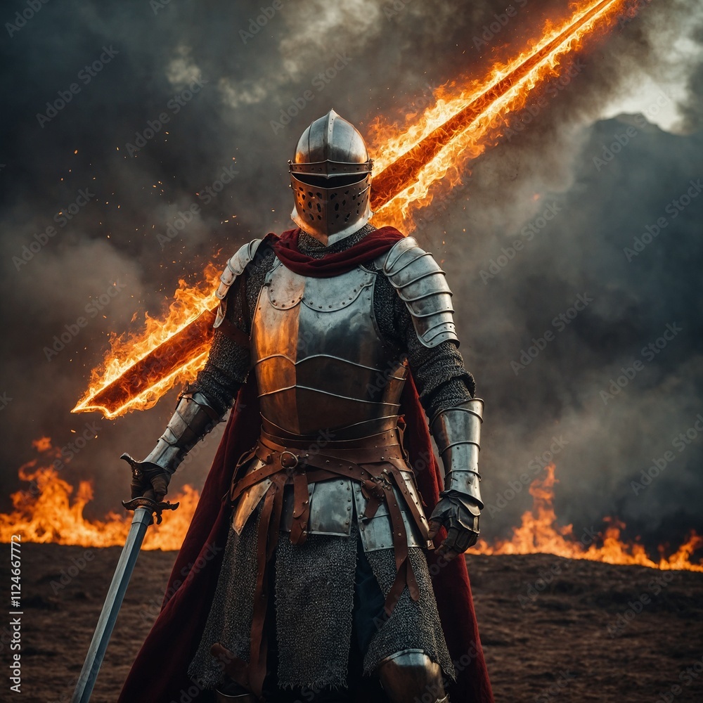 A medieval knight wielding a plasma sword, standing on a fiery vortex. A medieval knight wielding a plasma sword, standing on a fiery vortex.