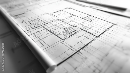 Floor plan, construction planning, blue print or floor drawing in white. home, house, residential building facility design. Facility planning.
 photo