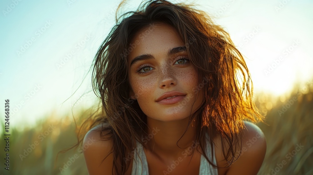 Woman with freckled skin and casual attire, glowing in natural sunlight, creating a feeling of warmth and relaxed outdoor ambiance in a field or meadow.