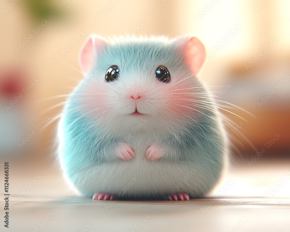 Fototapeta premium Adorable Fluffy Light Blue Hamster Sitting on Wooden Surface, Soft Fur, Cute Pet, Sweet Animal, 3D Rendered Image