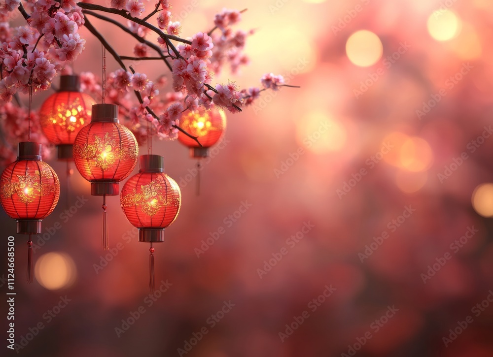 A serene scene featuring new year red lanterns hanging among cherry blossoms, creating a warm, festive atmosphere with a dreamy bokeh background.