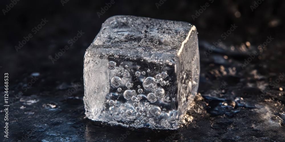 Fototapeta premium A close-up of a glistening ice cube with bubbles trapped inside.