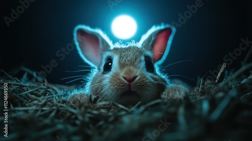 A cute rabbit peeks from straw with the full moon shining brightly in the background, creating a serene and magical nocturnal atmosphere in the countryside. photo