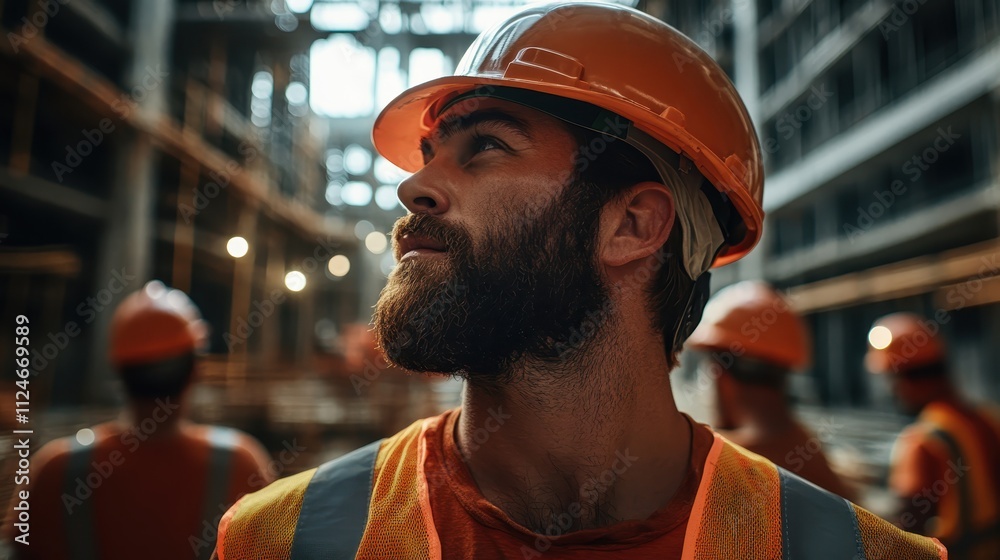 A young construction worker wearing a hard hat and safety vest is looking upwards, surrounded by blurred structures and workers in a busy building site environment. A young construction worker wearing a hard hat and safety vest is looking upwards, surrounded by blurred structures and workers in a busy building site environment.