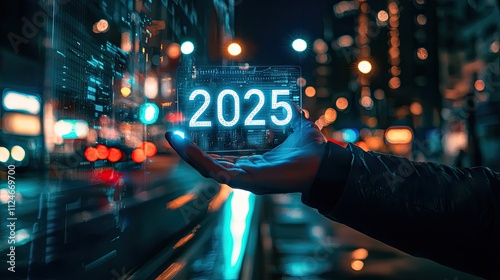 The 2025 New Year business goals concept. Businessman analyzes graph of trend market growth in 2025 and plans business growth and profit increases. calculates financial data for long-term investments 