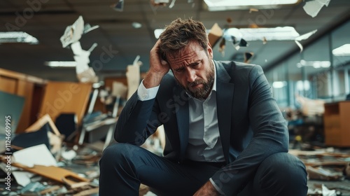 A frustrated man in a formal suit sits in an office filled with ruins, conveying a sense of despair and determination amidst corporate chaos and destruction.