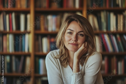 Young woman with wavy hair sitting in a cozy library surrounded by books