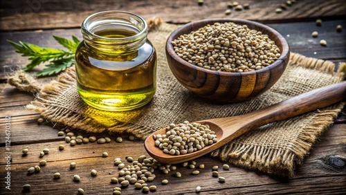 Aerial View of Dried Organic Hemp Seeds Piled in Spoon with Hemp Seed Oil Glass on Rustic Wooden Surface - Natural Cannabis Herb for Birdseed and Health Benefits