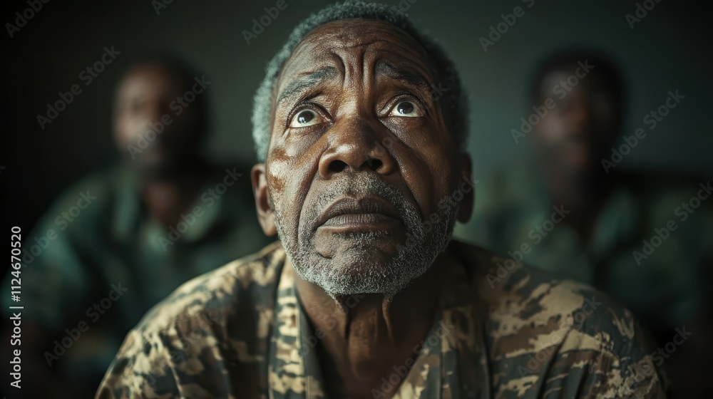 An elderly man wearing a camouflage shirt sits inside, gazing upward with introspective thought, with blurred figures in the background. An elderly man wearing a camouflage shirt sits inside, gazing upward with introspective thought, with blurred figures in the background.