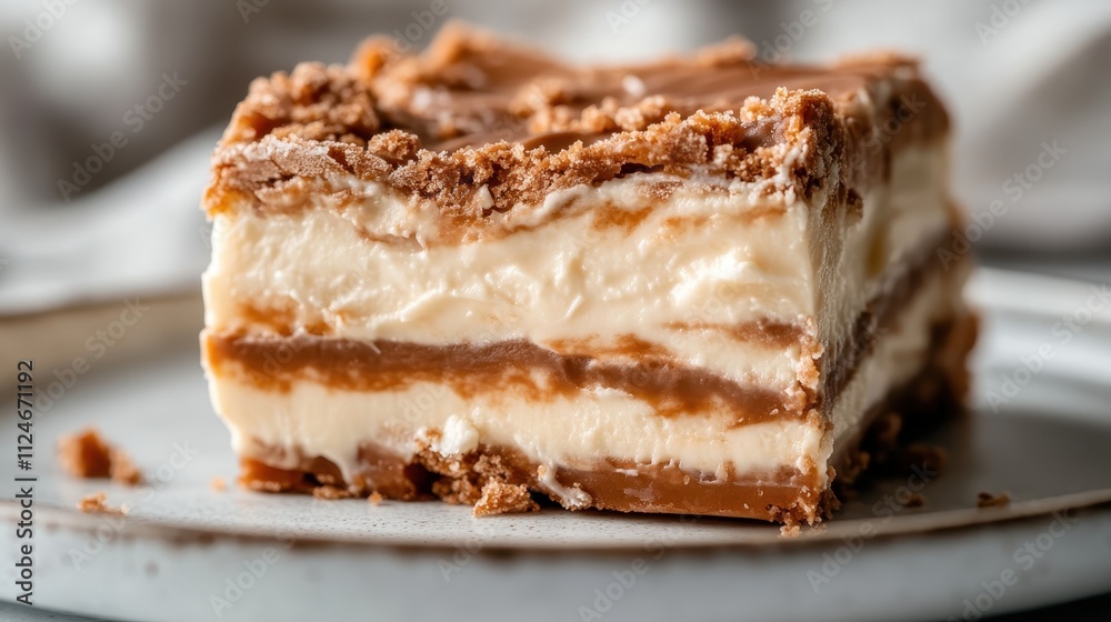 A mouth-watering slice of dessert showing layers of creamy filling and crunchy textures, tempting the taste buds with its rich flavor and visual appeal.