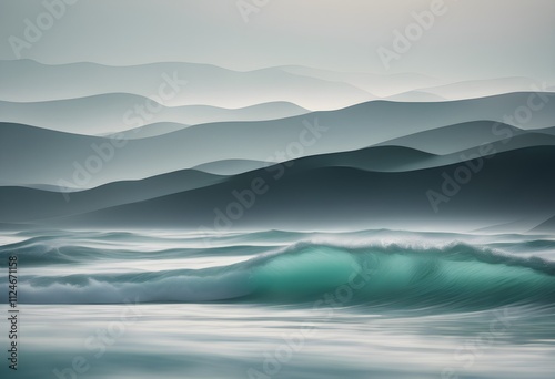 Abstract flowing waves in soft shades of blue, green, and white, blending seamlessly with smooth gradients and gentle curves. This calming visual represents mindfulness, and serenity.