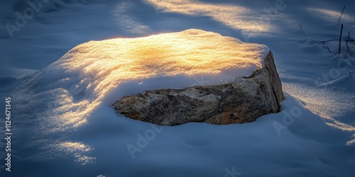 Close-up of ice crystals on a rock, illuminated by reflected light, space for text. photo