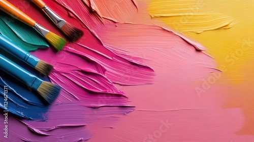 A vibrant array of paintbrushes along with bold brush strokes in warm and cool colors, conveying creativity and expressive artistic style on canvas background. photo