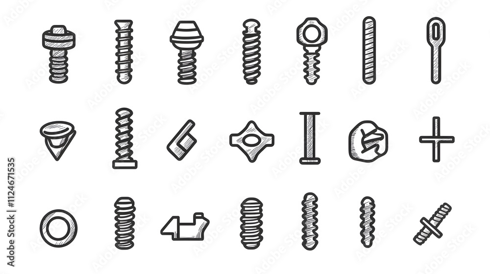 Comprehensive Minimalist Set of Screw Icons in Black and White for Vector Illustration and Technical Design Applications Comprehensive Minimalist Set of Screw Icons in Black and White for Vector Illustration and Technical Design Applications