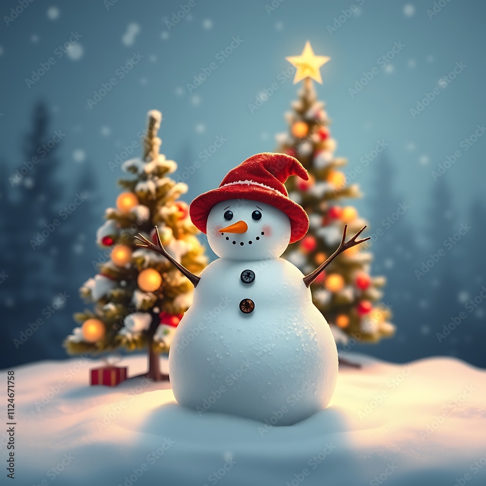 Fototapeta premium Beautiful snowman in winter landscape