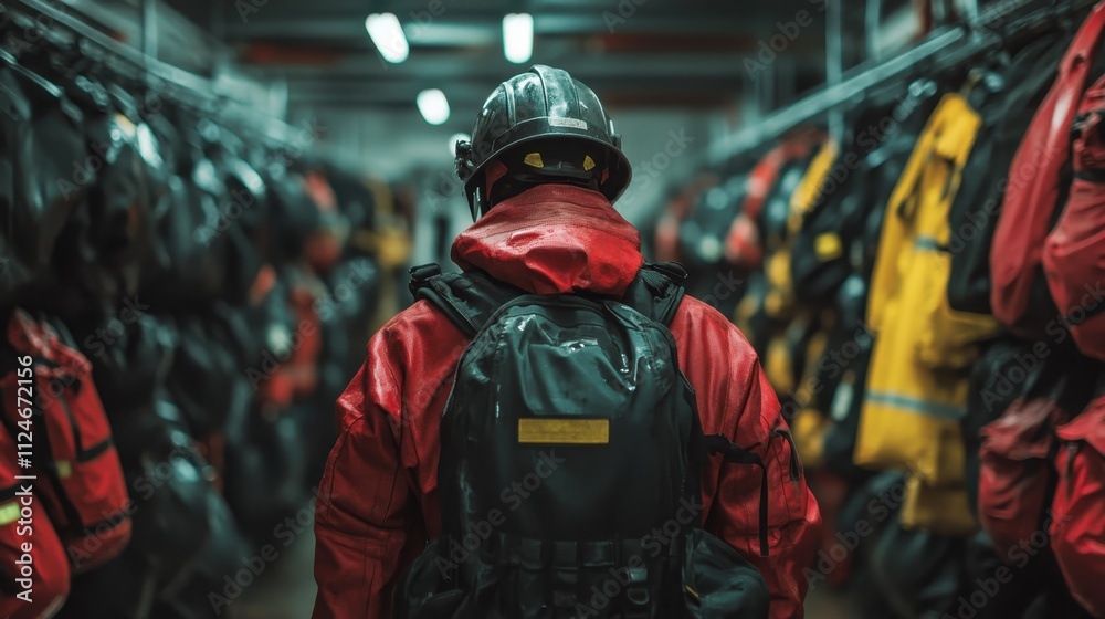 A person dressed in red protective gear stands facing away in a corridor packed with safety equipment, symbolizing preparedness and vigilance in a work setting. A person dressed in red protective gear stands facing away in a corridor packed with safety equipment, symbolizing preparedness and vigilance in a work setting.