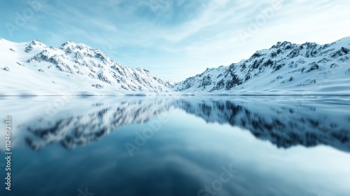 A stunning panorama of snow-covered mountains beautifully mirrored in a calm lake, creating a perfect symmetrical view under a clear blue winter sky.