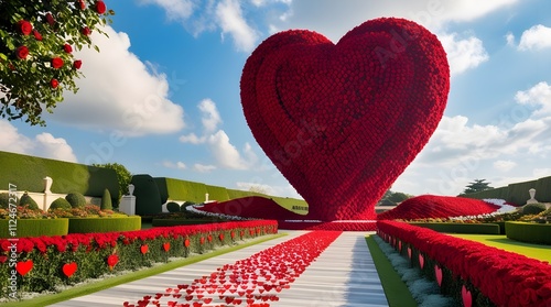 Floating heartshaped balloons in vibrant colors like red and pink decorate the sky, symbolizing love and celebration for Valentine's Day photo