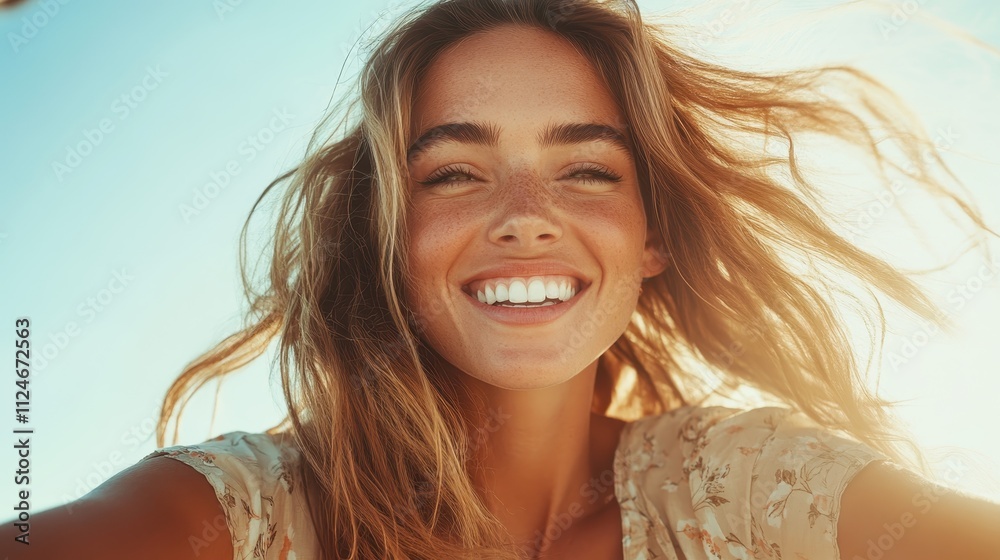 A woman smiles widely, exuding warmth and enthusiasm, as she enjoys the natural surroundings with breezy hair and bright sunlight enhancing her lively spirit. A woman smiles widely, exuding warmth and enthusiasm, as she enjoys the natural surroundings with breezy hair and bright sunlight enhancing her lively spirit.