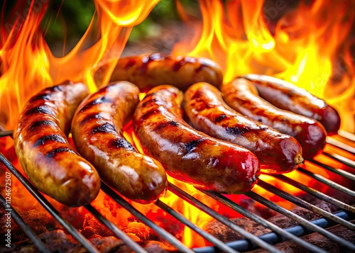 Sizzling BBQ Sausages: Summer Grill, Charred Perfection, Outdoor Cooking photo