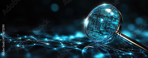 Internet search, data analysis creative concept wallpaper, magnifying glass on background with connection data flow