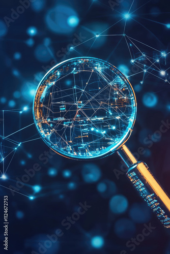 Internet search, data analysis creative concept wallpaper, magnifying glass on background with connection data flow photo