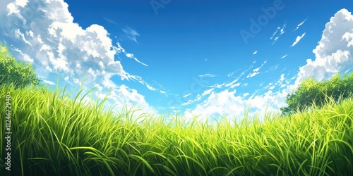 Fresh air flowing through a meadow, tall grass swaying gently under a clear sky, with space for text.