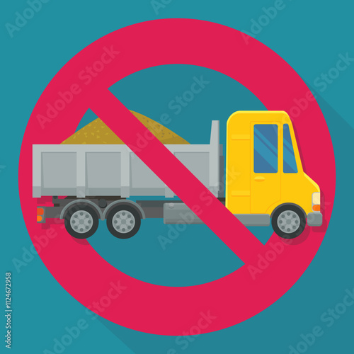 Dump truck with a circular red strikethrough prohibition symbol on a blue background with long shadow in flat design style