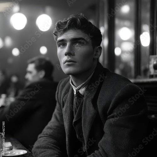 Pensive young man in vintage clothing at a cafe.