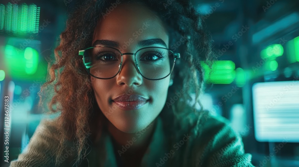 A confident woman wearing glasses, set against a green computer background, embodying intelligence, focus, and the futuristic realms of digital environments. A confident woman wearing glasses, set against a green computer background, embodying intelligence, focus, and the futuristic realms of digital environments.