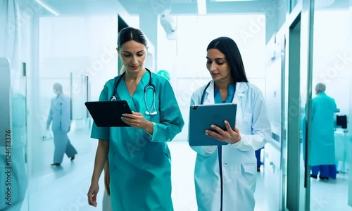 Two healthcare professionals walking and using tablets in a modern hospital setting.