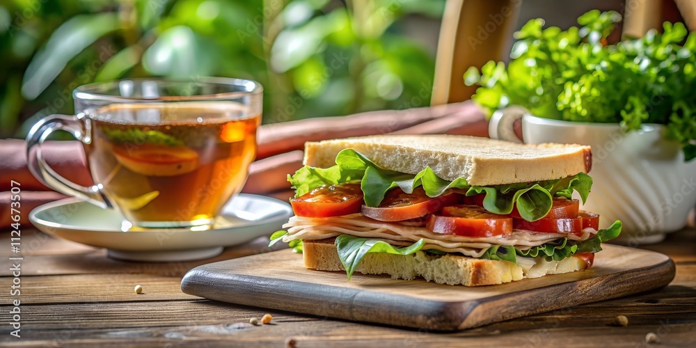 Breakfast sandwich with bacon and tea served in a transparent cup on a wooden table Breakfast sandwich with bacon and tea served in a transparent cup on a wooden table