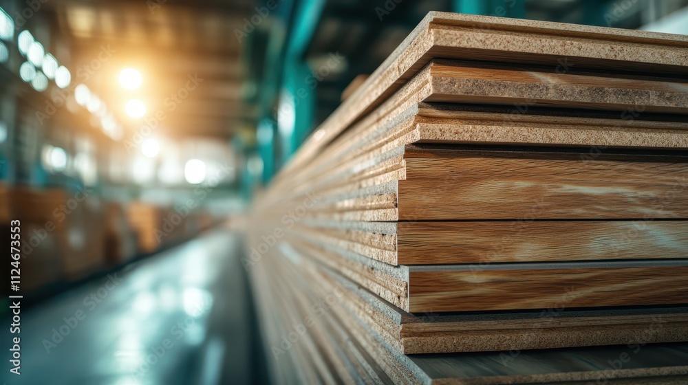 A stack of wooden panels in an industrial warehouse setting, with warm lighting creating depth and highlighting texture, reflecting construction and craftsmanship. A stack of wooden panels in an industrial warehouse setting, with warm lighting creating depth and highlighting texture, reflecting construction and craftsmanship.