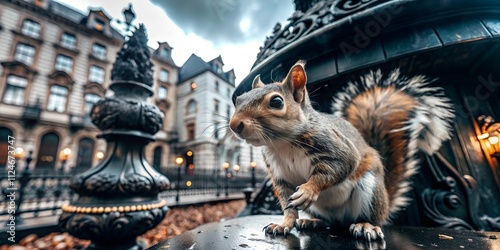 Moody squirrel exploring urban landscape during late afternoon in autumn