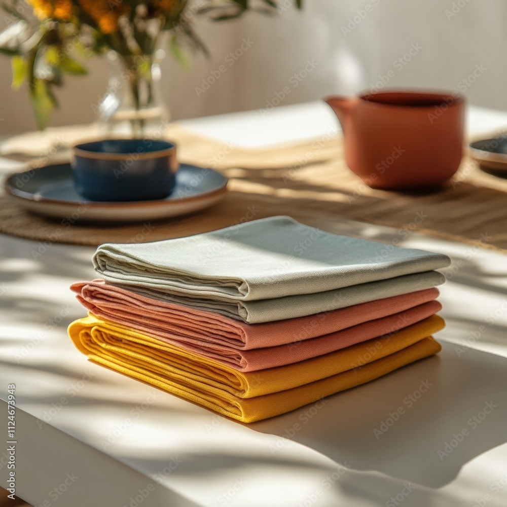 Naklejka premium A stack of colorful reusable fabric napkins made from organic cotton