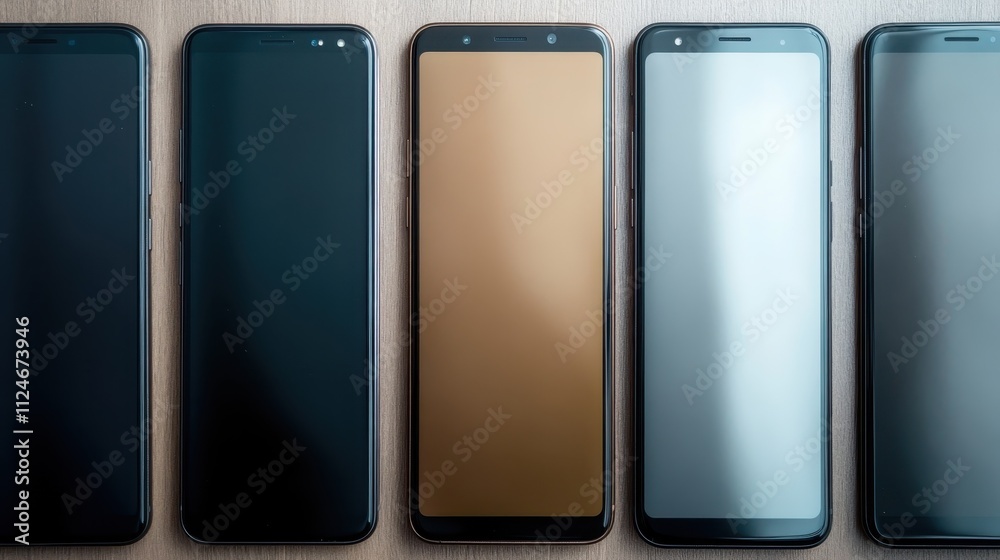 A collection of five smartphones displayed in a line on a wooden surface, showcasing different designs and screen reflections resembling modern style technology. A collection of five smartphones displayed in a line on a wooden surface, showcasing different designs and screen reflections resembling modern style technology.