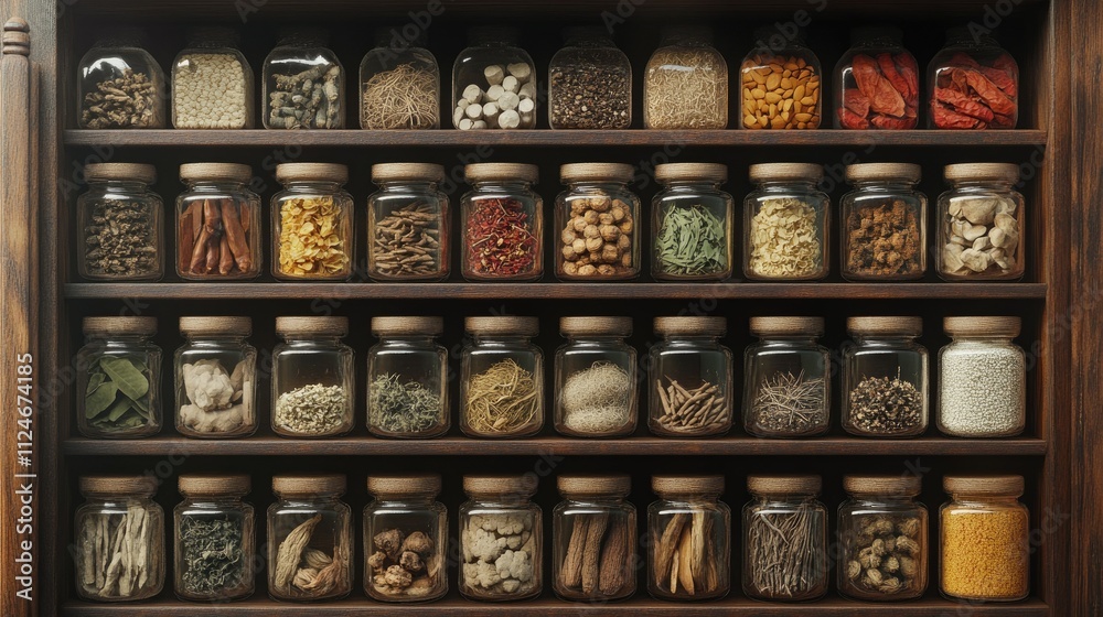 A well-organized collection of herbs and spices meticulously arranged in glass jars on wooden shelves, showcasing a variety of colors and textures.