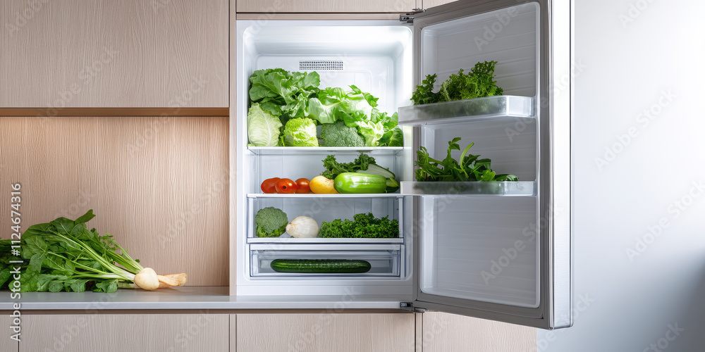 Open refrigerator with healthy food, vegetables and fruits in kitchen interior. Healthy proper nutrition